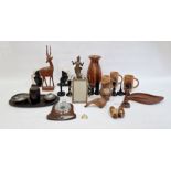 Assorted treen and metalware to include smoker's companion set, African figures, barometer, mugs,