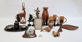 Assorted treen and metalware to include smoker's companion set, African figures, barometer, mugs,