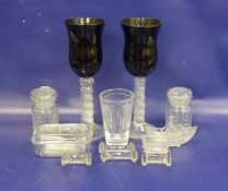 Pair of glass vases in the form of large wine glasses with spiral stems, 35cm, together with