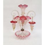 Victorian cranberry and clear frilled epergne with central tapering vase, three further smaller