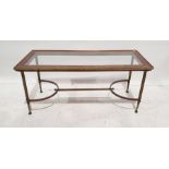 20th century mahogany and glass coffee table, the rectangular top on brass base, 50cm x 116cm x 50cm