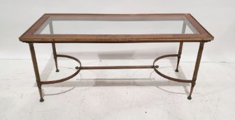 20th century mahogany and glass coffee table, the rectangular top on brass base, 50cm x 116cm x 50cm