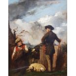 19th century school Oil on canvas Gamekeeper and gun, unsigned, 43.5cm x 33.5cm