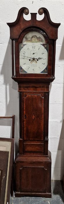 George III inlaid mahogany longcase clock with swan-neck pediment, the painted arched dial decorated