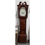 George III inlaid mahogany longcase clock with swan-neck pediment, the painted arched dial decorated