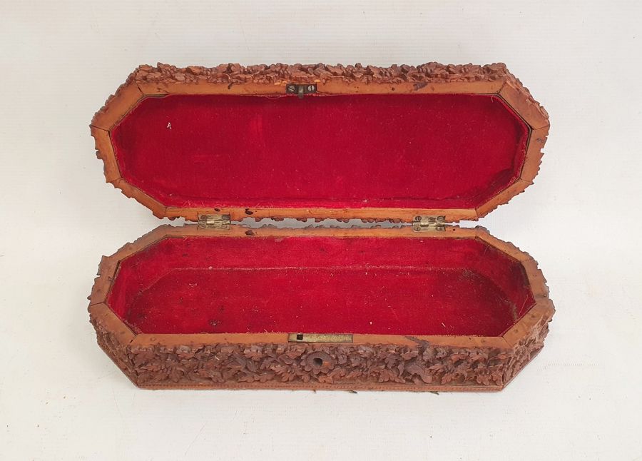Eastern carved hardwood box with hinged lid and red velvet interior (29 x 6.5 x 11 cm) - Image 2 of 2
