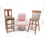 Stuart Jones armchair with pink upholstered seat and two high-seated chairs (3)