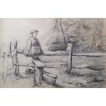 Jonathan Pratt (1835-1911) Pencil, heightened with white Young girl sitting on a fence, unsigned,