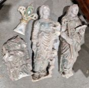 Ecclesiastical interest, Three antique carved and coloured stone part figures of saints (2+1 torso),