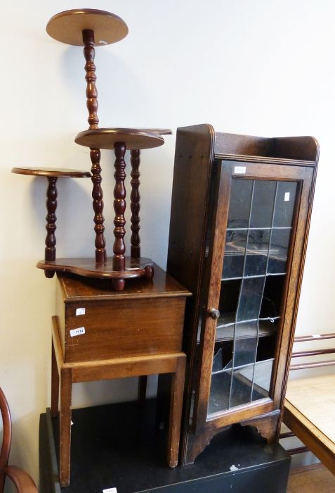 Lead glazed single door cabinet, a stand and a sewing box (3)