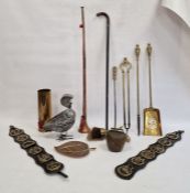 Metalwares to include brass shell case, copper leaf dish, fireside tools, post horn, etc (1 tray)