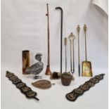 Metalwares to include brass shell case, copper leaf dish, fireside tools, post horn, etc (1 tray)