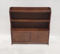 20th century oak waterfall bookcase with sliding door cupboard under, 90cm high x 91cm wide x 24cm