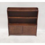 20th century oak waterfall bookcase with sliding door cupboard under, 90cm high x 91cm wide x 24cm