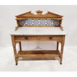 Vintage washstand, the tile back above the marble top, two drawers, on turned and ring supports to