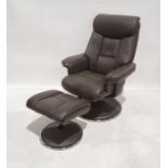 Pair of grey leather reclining easy chairs with footstools and one further footstool in green (5)