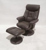 Pair of grey leather reclining easy chairs with footstools and one further footstool in green (5)