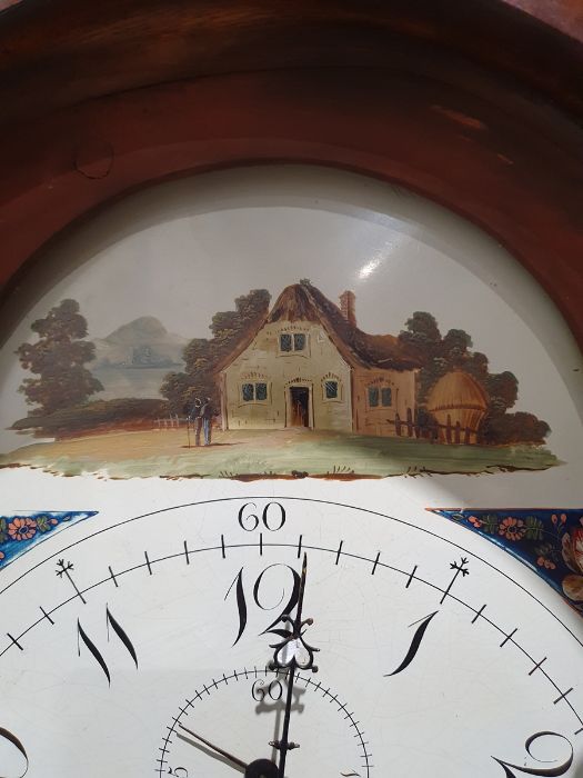 George III inlaid mahogany longcase clock with swan-neck pediment, the painted arched dial decorated - Image 18 of 27