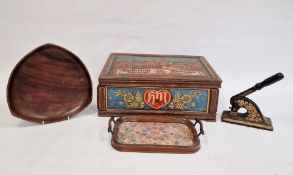 German painted box, a stamp, a small tray with cigarette paper decoration and a treen bowl (4)