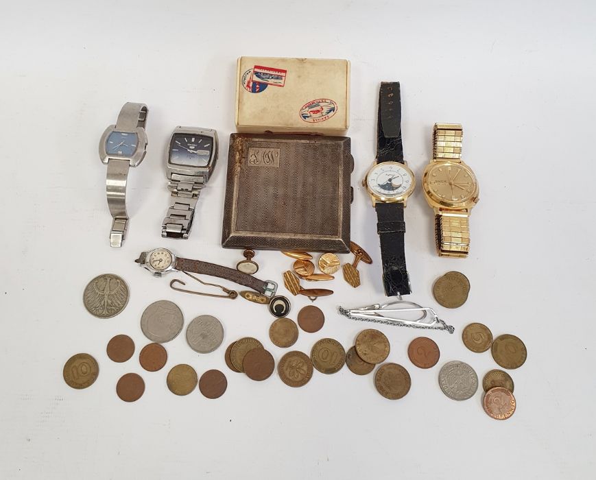 Assorted items to include silver cigarette case, small quantity of foreign coinage, Seiko