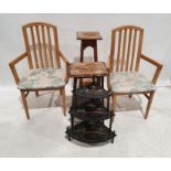 Pair of modern beech-framed slatback carver chairs with foliate upholstered seats, an oak two-tier