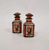 Pair miniature porcelain scent bottles and stoppers, each square and painted with insects and lady