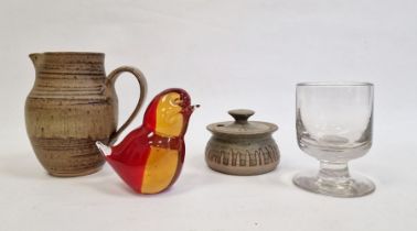 Antique glass rummer with straight-sided bowl on circular foot, a glass bird paperweight and two