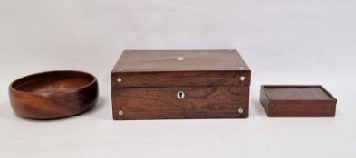 Treen turned bowl, a 19th century writing slope (30.5 x 22 x 11 cm) and draught pieces in case (3)