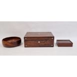 Treen turned bowl, a 19th century writing slope (30.5 x 22 x 11 cm) and draught pieces in case (3)