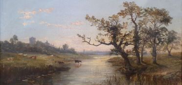 William McEvoy (fl. 1858-1880) 19th century river landscape with church on left bank, cattle