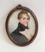 Miniature on ivory,  Head and shoulders of early nineteenth century gentleman in military coat 5.5 x