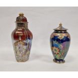 Carltonware lustre vase and cover, ovoid, floral decorated on a blue ground, 17cm high and a