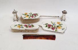 Silver salt and pepper, silver-backed comb and further silver and enamel dressing table items (1