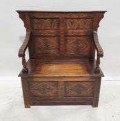 20th century oak bench with carved back, lift-top box seat, with carved front panels, 105cm x