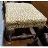 Early Georgian-style oak footstool with upholstered seat above carved oak support, on pad feet,