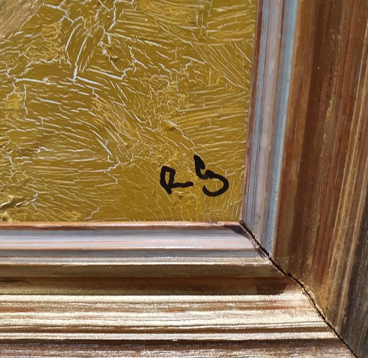 R S Giles (Contemporary) Oil on Board 'Gold prospect' initialled and labelled verso, unframed 39 x - Image 3 of 4