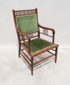 Attributed to Edith Godwin mahogany elbow chair with turned toprail, spindle gallery rail over the