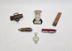 Vintage corkscrew indistinctly named 'Eley & Sons', penknives, clips, etc (1 tray)