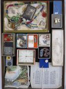 Assorted costume jewellery and items to include Swiza bedside alarm clock in original box, Bone