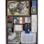 Assorted costume jewellery and items to include Swiza bedside alarm clock in original box, Bone