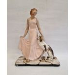 Art Deco plaster group of woman with borzoi hound, on rectangular base, 53cm high, 41 cm wide