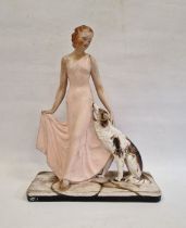 Art Deco plaster group of woman with borzoi hound, on rectangular base, 53cm high, 41 cm wide