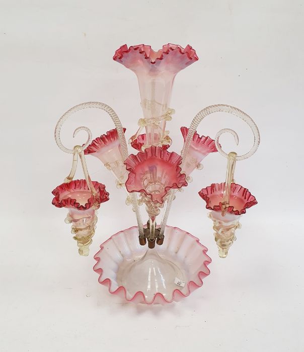 Victorian cranberry and clear frilled epergne with central tapering vase, three further smaller - Image 2 of 9