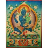 20th century Tibetan school  Watercolour on card (?) Blue Tara Green Tara, unsigned, marked verso '