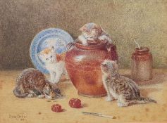 Rosa Bebb (1857-1938) Watercolour Cats at Play, a study featuring four kittens, blue and white