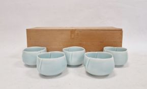 Set of five Kaiji Tsukamoto (1912-1990) pale celadon ground porcelain teabowls (5)