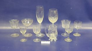 Set of eight Victorian glass champagne saucers with etched decoration and further assorted wine