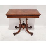 Victorian burr walnut card table, the rectangular top with rounded corners and moulded edge, open to
