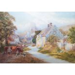 Charles James Adams (1859-1931) Watercolour Herdsman driving cows through village with Corfe