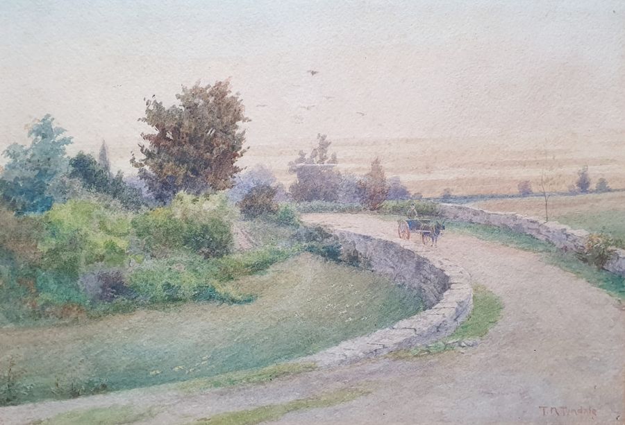 Thomas Nicholson Tyndale (1860-1930) Watercolour Donkey and trap on road, signed lower right, 17cm x - Image 2 of 12